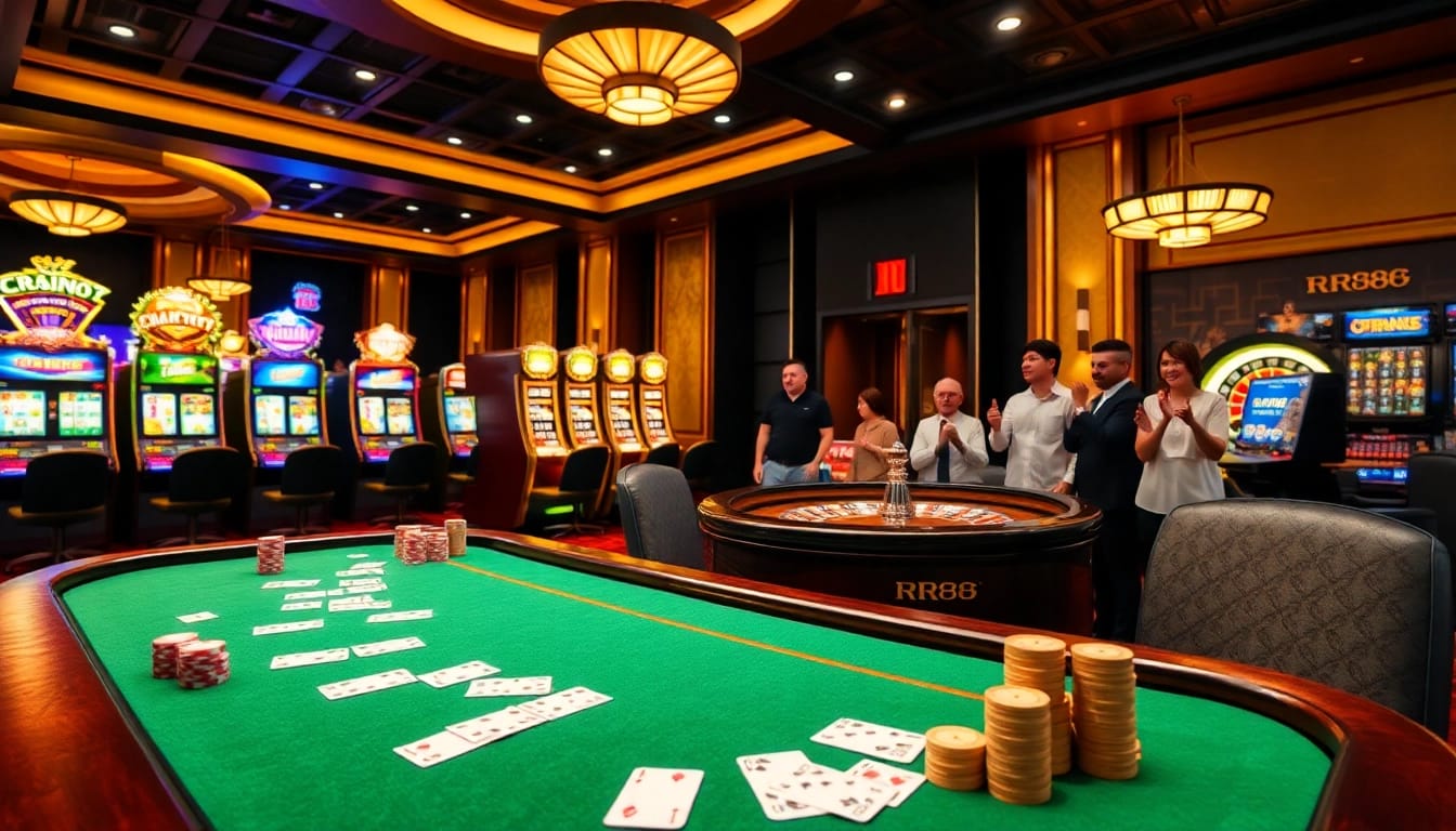 Players enjoying a thrilling game at RR88's modern casino setup with vibrant tables and slot machines.