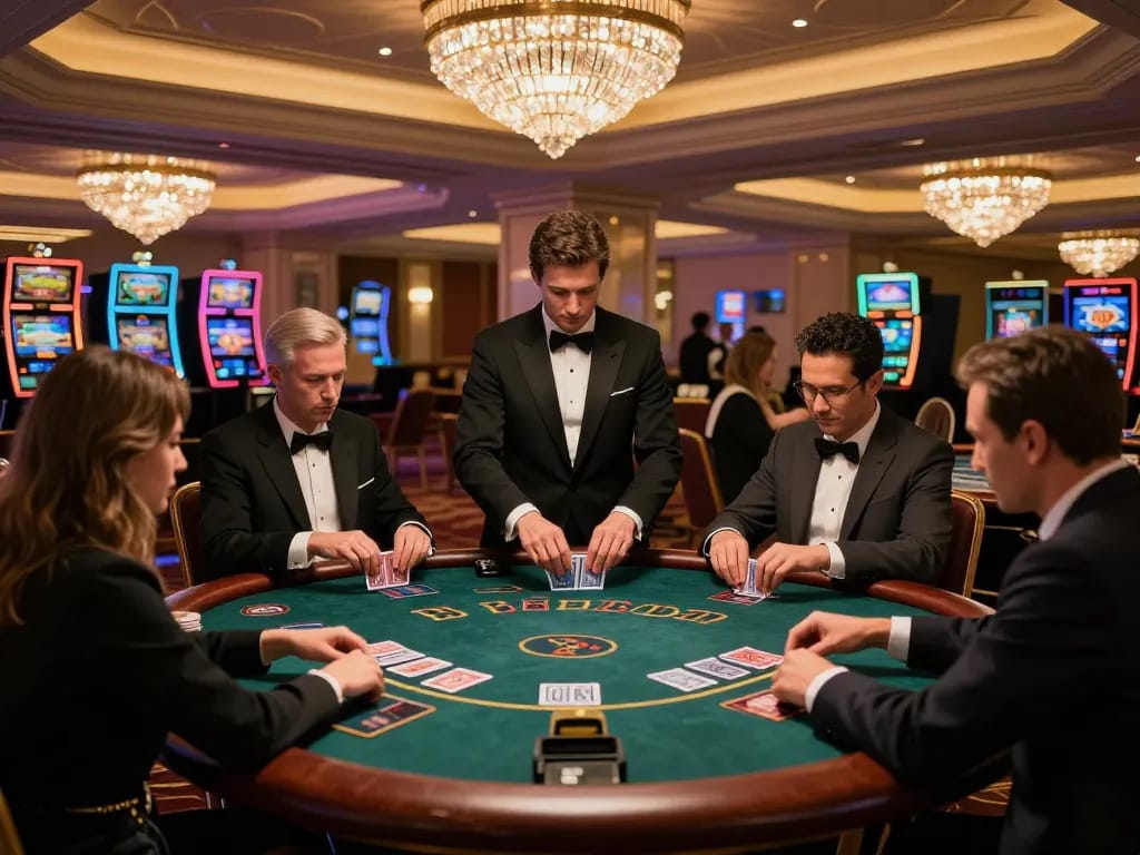 Players engaged at a blackjack table in an upscale casino, highlighting strategic gameplay with cm88-t1.