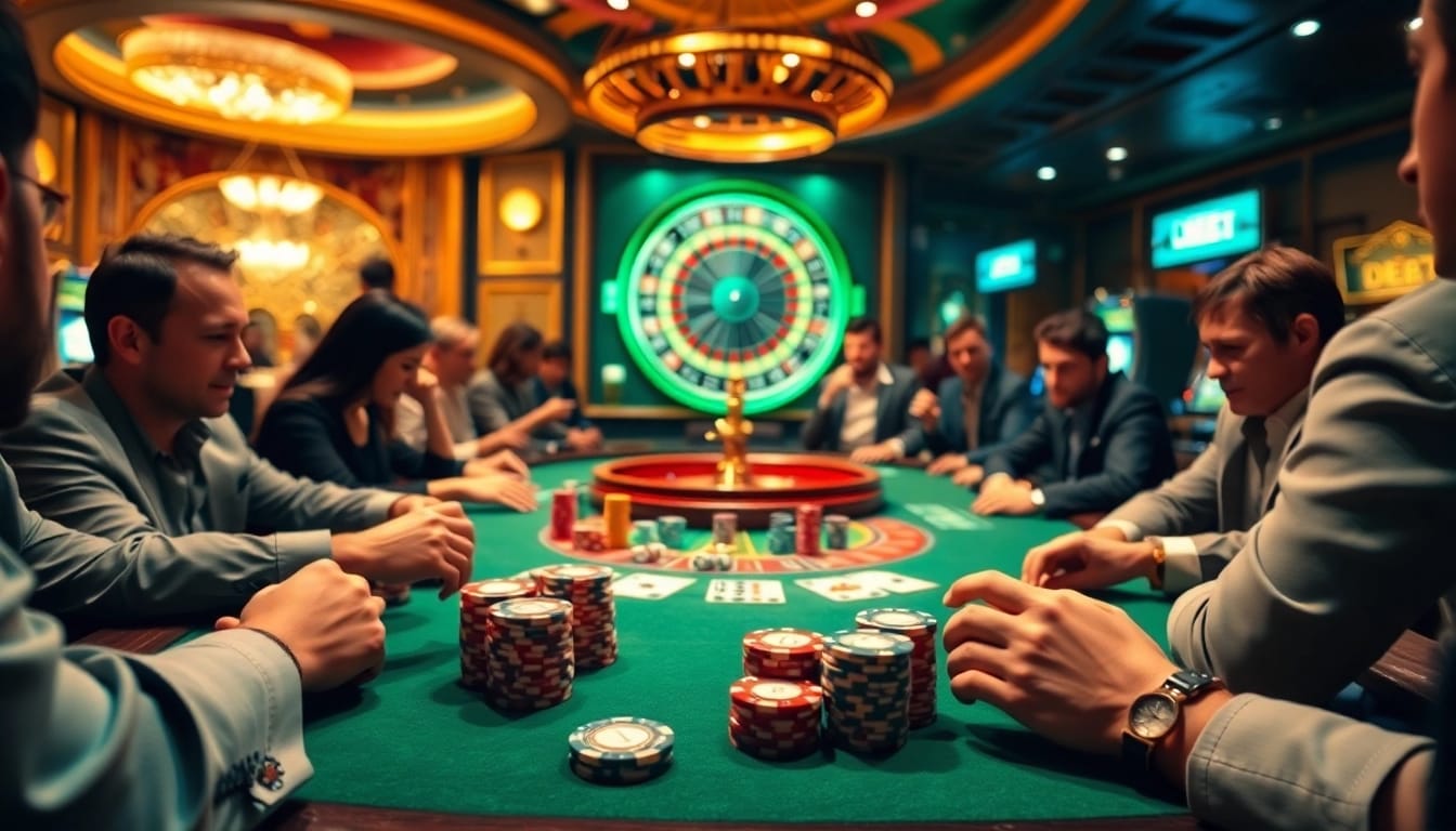 Experience the excitement of playing DEBET at a high-stakes poker table filled with vibrant chips and cards.