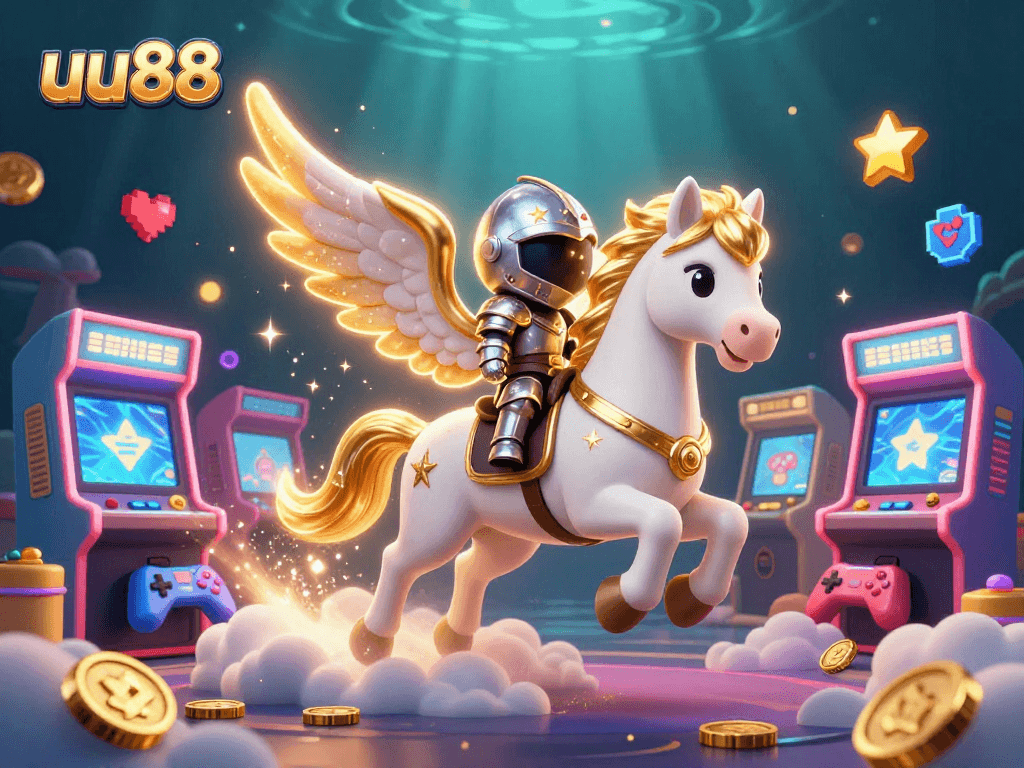 Experience gaming excitement in uu88 with a celestial horse and vibrant arcade elements.