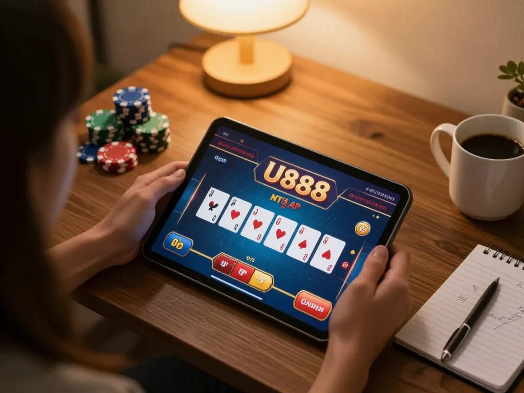 Engaging online gameplay at U888 with vibrant poker visuals on a tablet in a cozy setting.