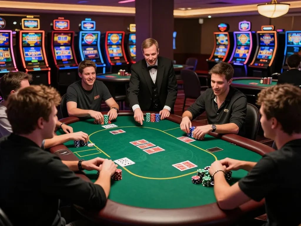 Players engaging in strategic poker gameplay at a vibrant casino, showcasing the table's excitement and dynamic atmosphere for nhacaiuytinn.