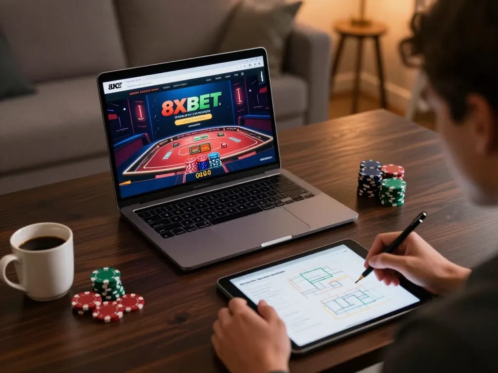 Engaging online gaming with 8XBET on a stylish laptop, showcasing strategic gameplay.