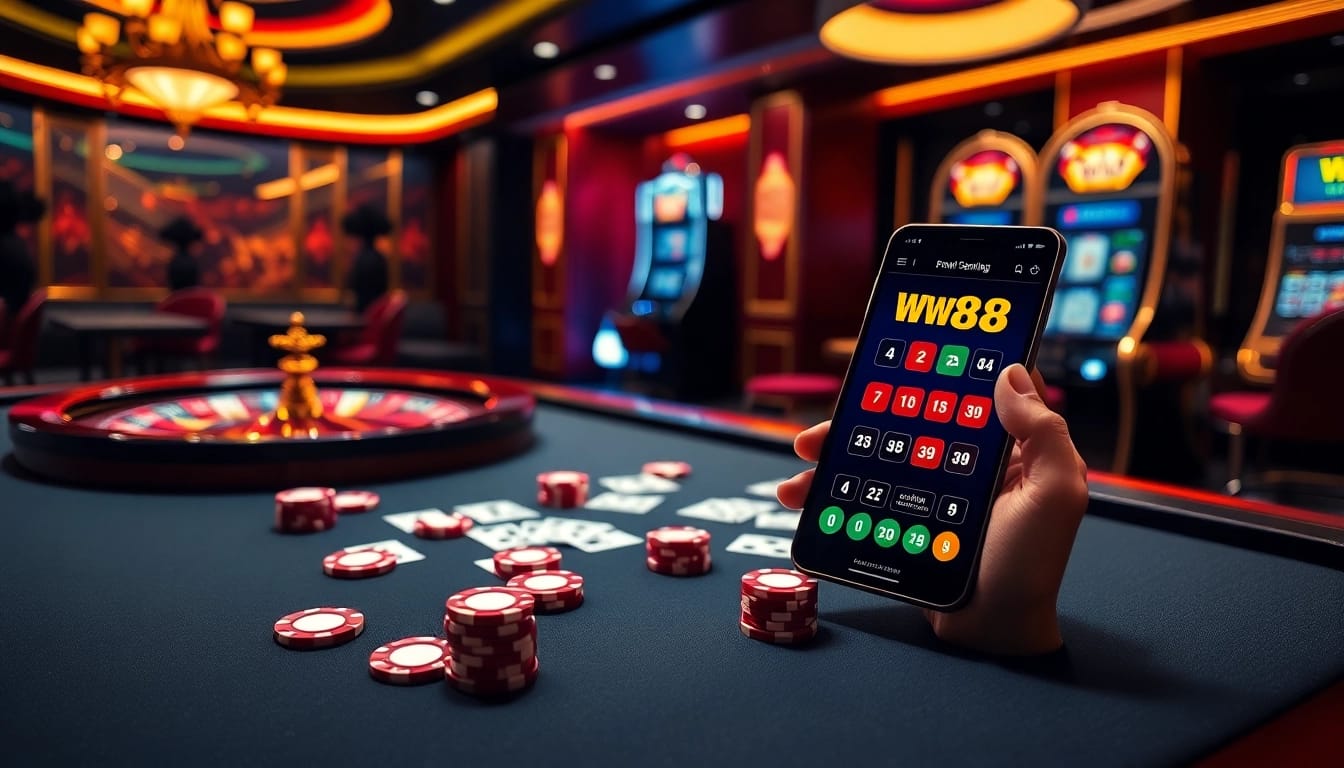 Gamblers enjoying thrilling games at WW88 casino with poker chips and cards.