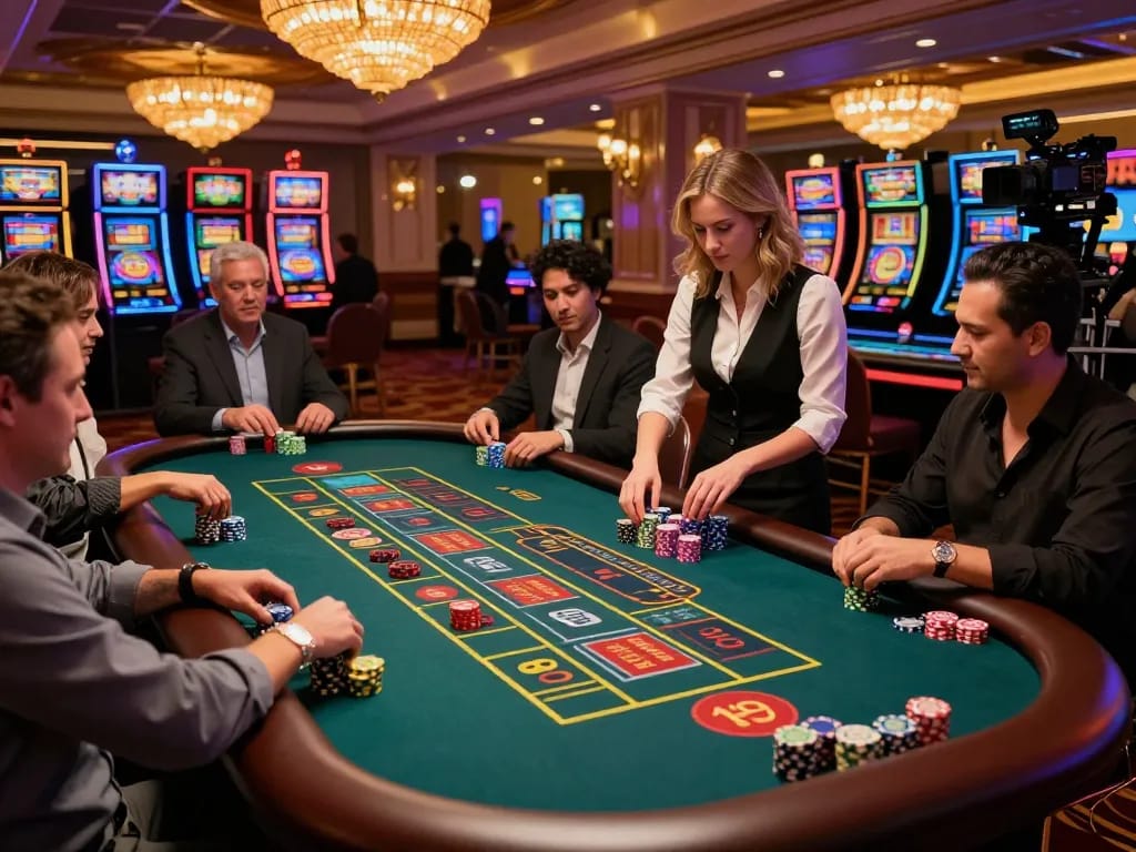 DOLA789 players engaging at a roulette table in a vibrant casino atmosphere
