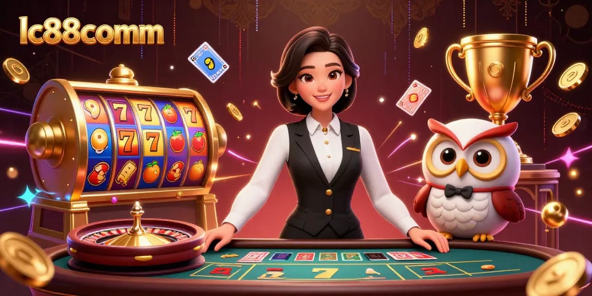 Engage with thrilling games at lc88comm, featuring a charming dealer duo in a luxury casino setting.
