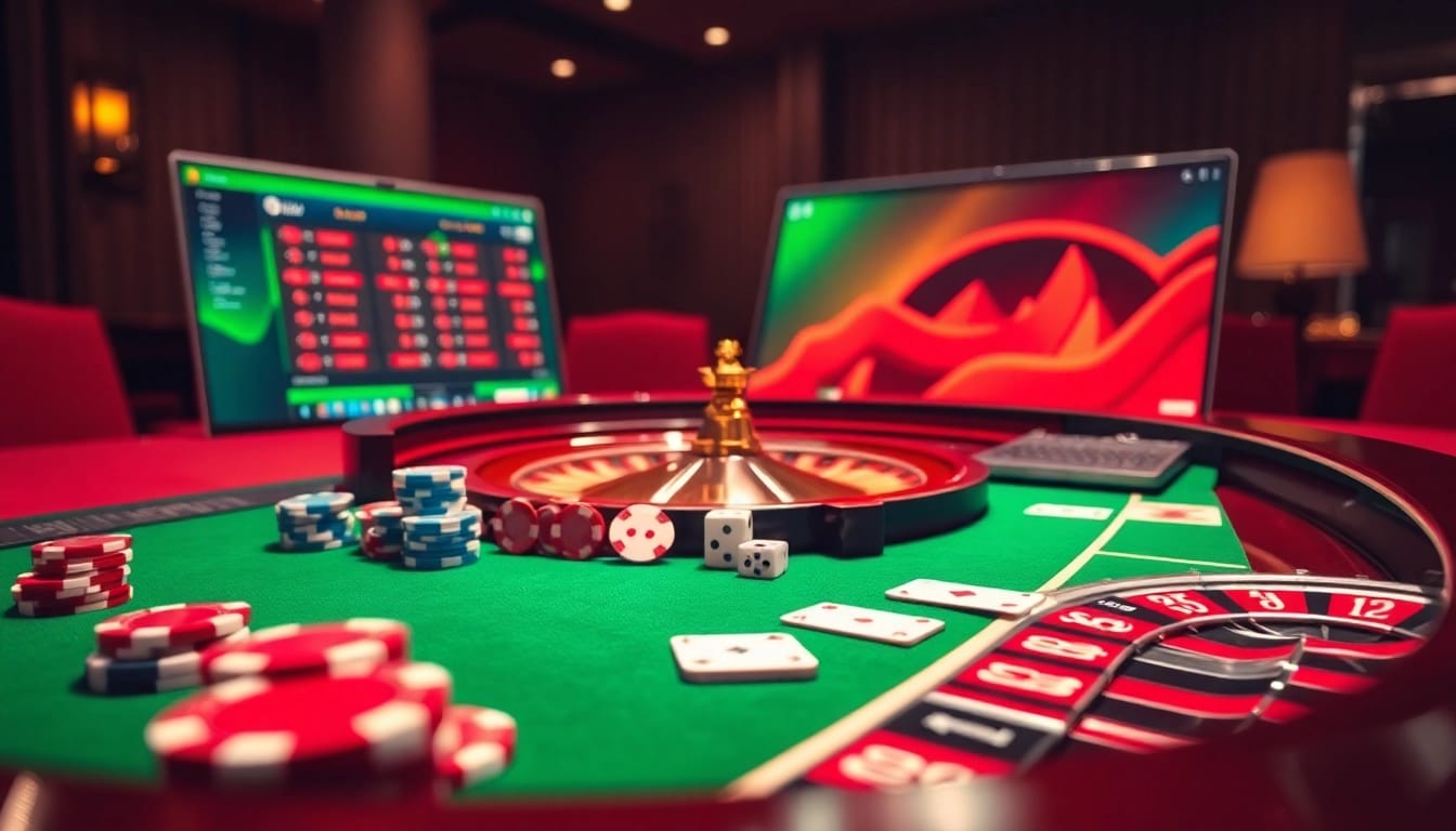 Bet on exciting games at https://888vnd.space/ with roulette and poker chips in a vibrant casino scene.