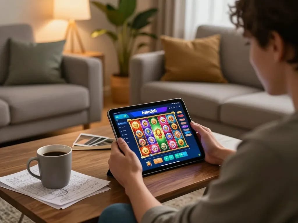 Engaging with the iwinclub app on a tablet for an immersive online gaming experience at home