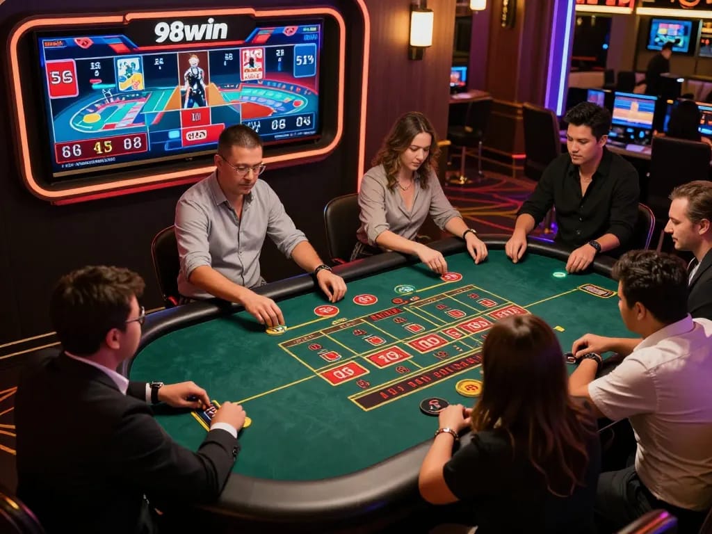 98win players engaging in live dealer roulette, showcasing dynamic betting action and immersive atmosphere.