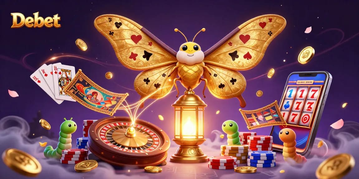 Experience thrilling gaming with Debet as golden coins cascade around a vibrant 3D casino scene.