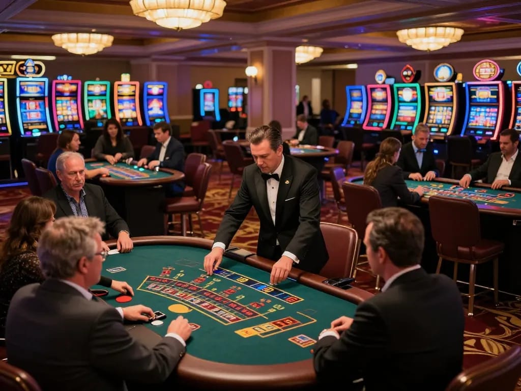 Betting excitement at HUBET casino floor with active blackjack and roulette games