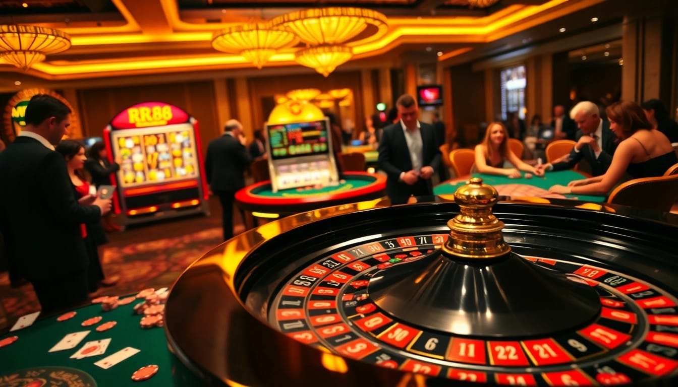 RR88 players enjoy thrilling wins at a luxurious casino roulette table with vibrant chips and cards.