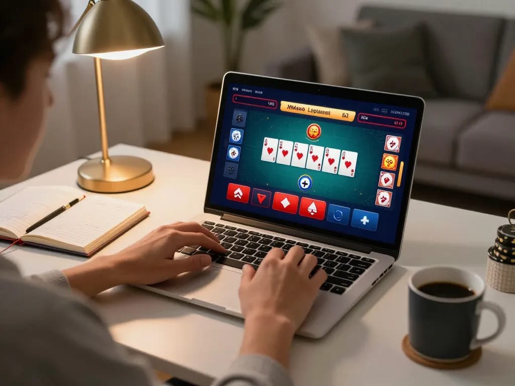 Engaging in MM88 online casino games at home with modern decor and strategic gaming setup.
