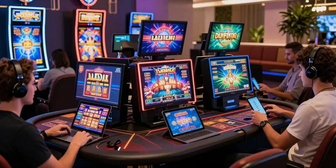 Engaging scene of diverse players at crownwoods.org.uk showcasing vibrant online credit card casino games in a modern setting.