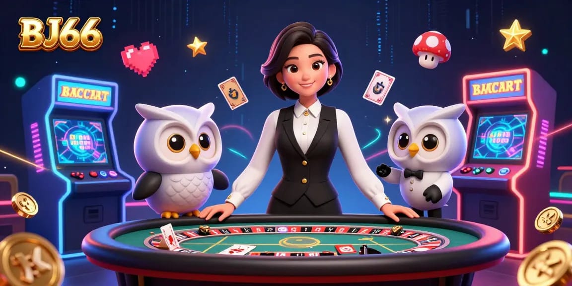 BJ66 presents an engaging casino scene with a dealer and owl assistant amidst vibrant gaming elements