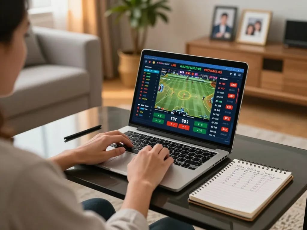 SHBET user actively places bets online during a sports event with competitive odds, in a cozy home environment.