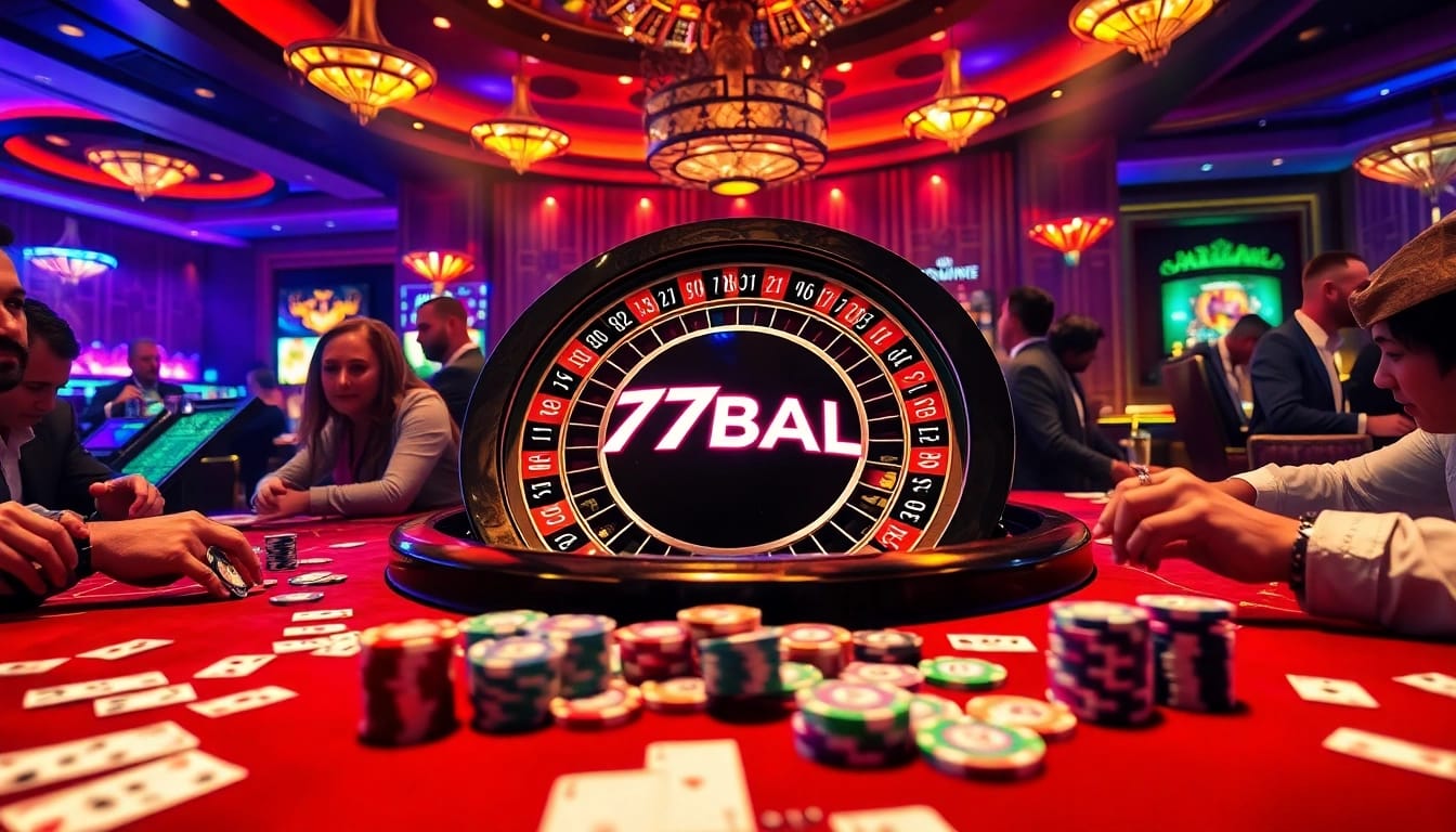 Players engaging at a casino table, highlighting the excitement of 77BALL gaming.