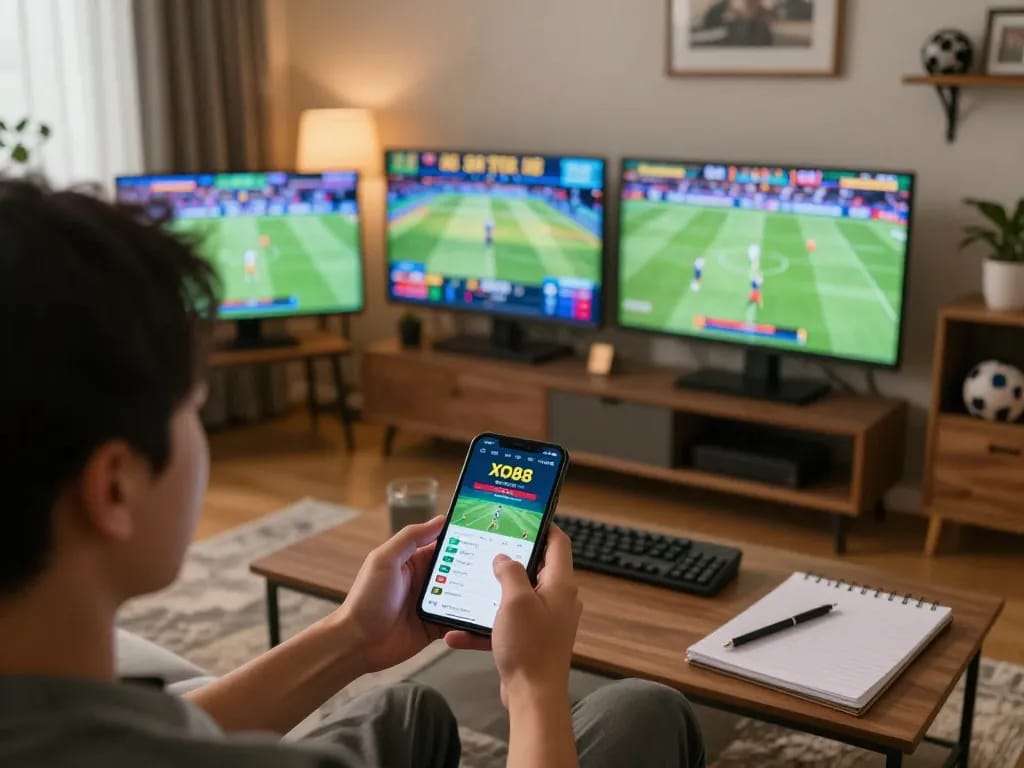 Engaging user betting on XO88 app in a lively home setting with multiple screens