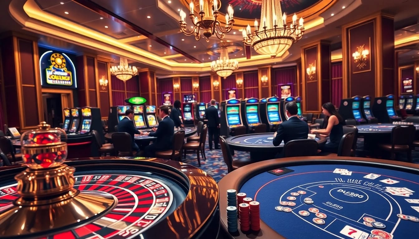 Exciting casino scene with DU88 poker table and vibrant roulette wheel.