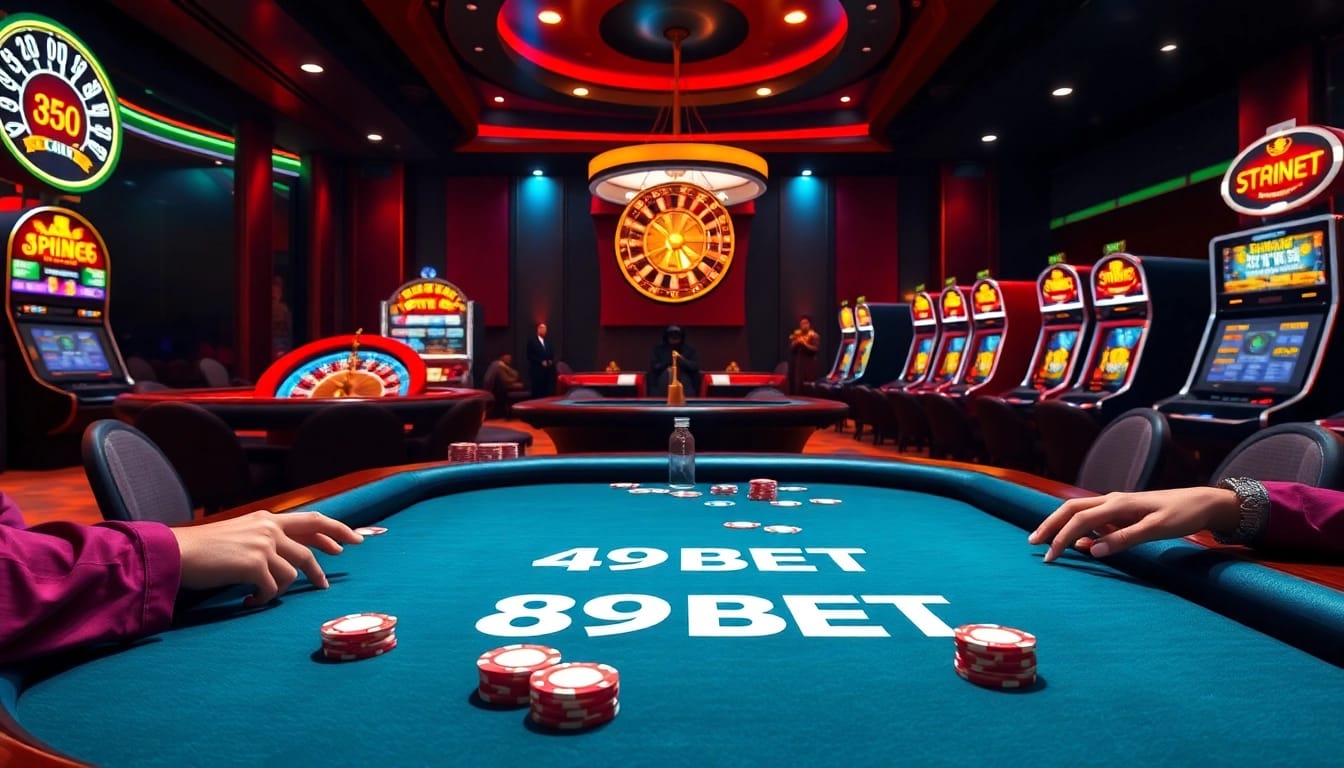 Exciting casino scene with poker, roulette, and slot machines highlighting 89BET's thrilling gambling experience.