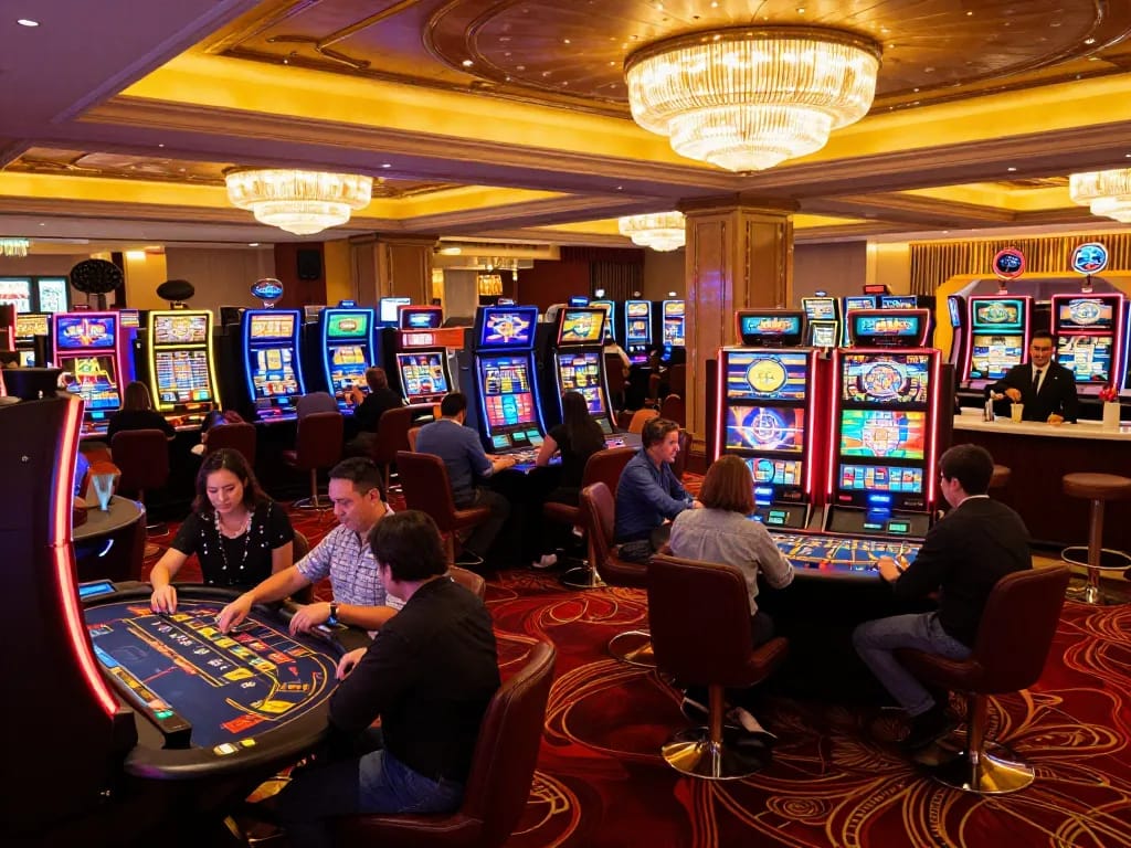 Players engaging with diverse slot machines at a lively casino, showcasing the debet gaming experience and excitement.