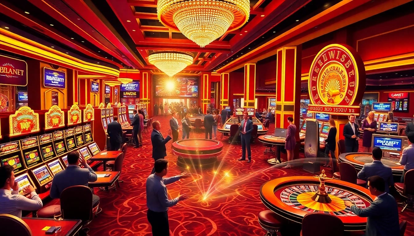 Winning players celebrate at thabet casino with lively games and bright slot machines.