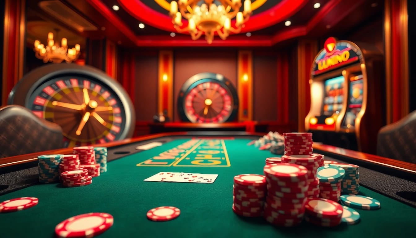 LUCK8 players engaging at an upscale casino table filled with vibrant poker chips and cards.
