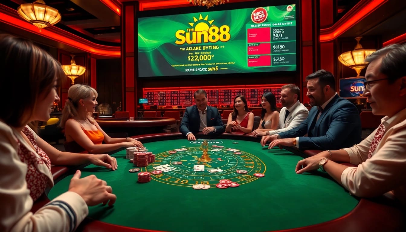Players enjoying a thrilling blackjack game at Sun88 casino with vibrant atmosphere.