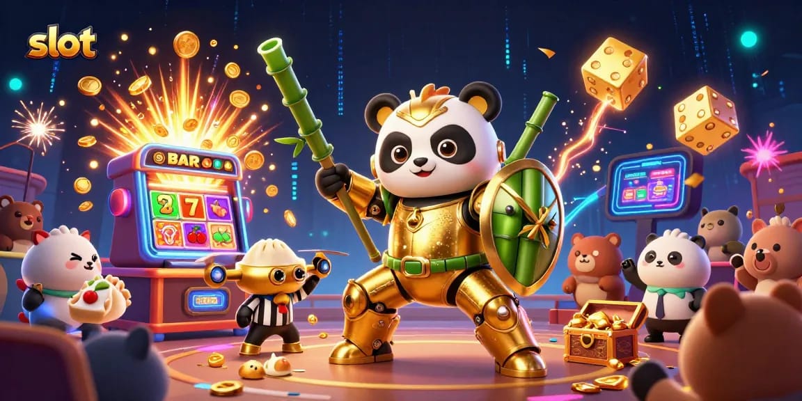 Experience thrilling slot action with a vibrant scene featuring a slot machine and golden panda.