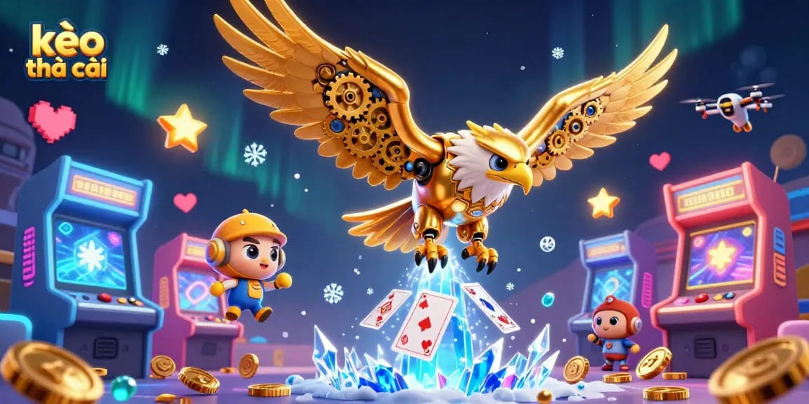 Engage with kèo nhà cái in this vibrant casino-themed illustration featuring a golden eagle diving through playing cards.