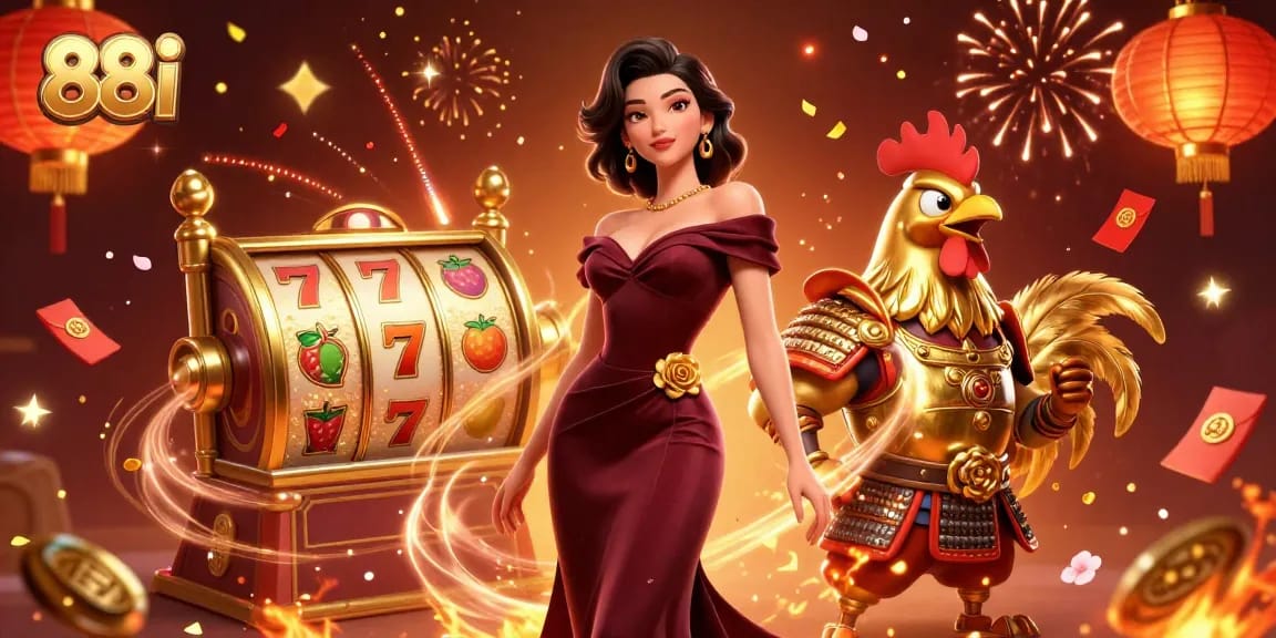 Experience thrilling gameplay at 88i with golden rooster warrior and glamorous player in a vibrant casino scene.