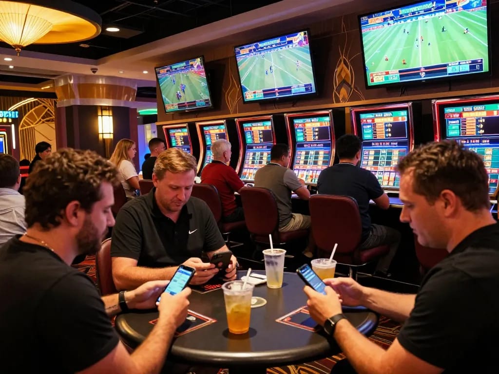 Bettors engaging with bong99 sports betting app in a vibrant casino setting, dynamic atmosphere with live game screens.