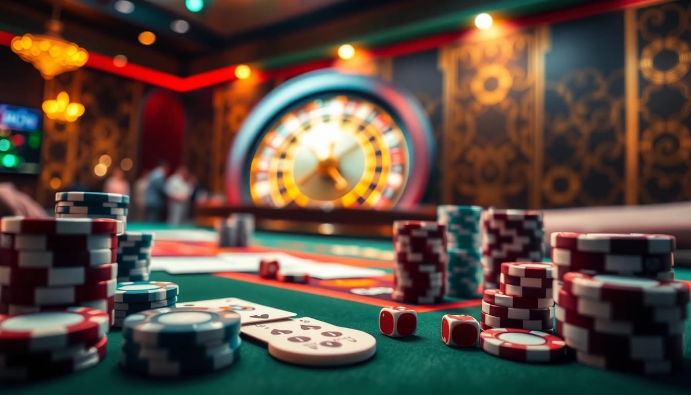 Action-packed gambling at rikvip with poker chips and cards on the table.