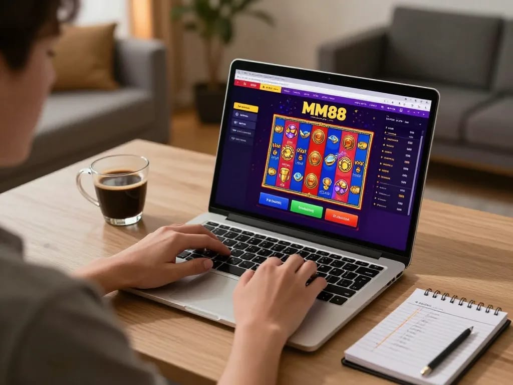 Experience MM88 gaming excitement at home with a cozy setup featuring a laptop and strategy notes.