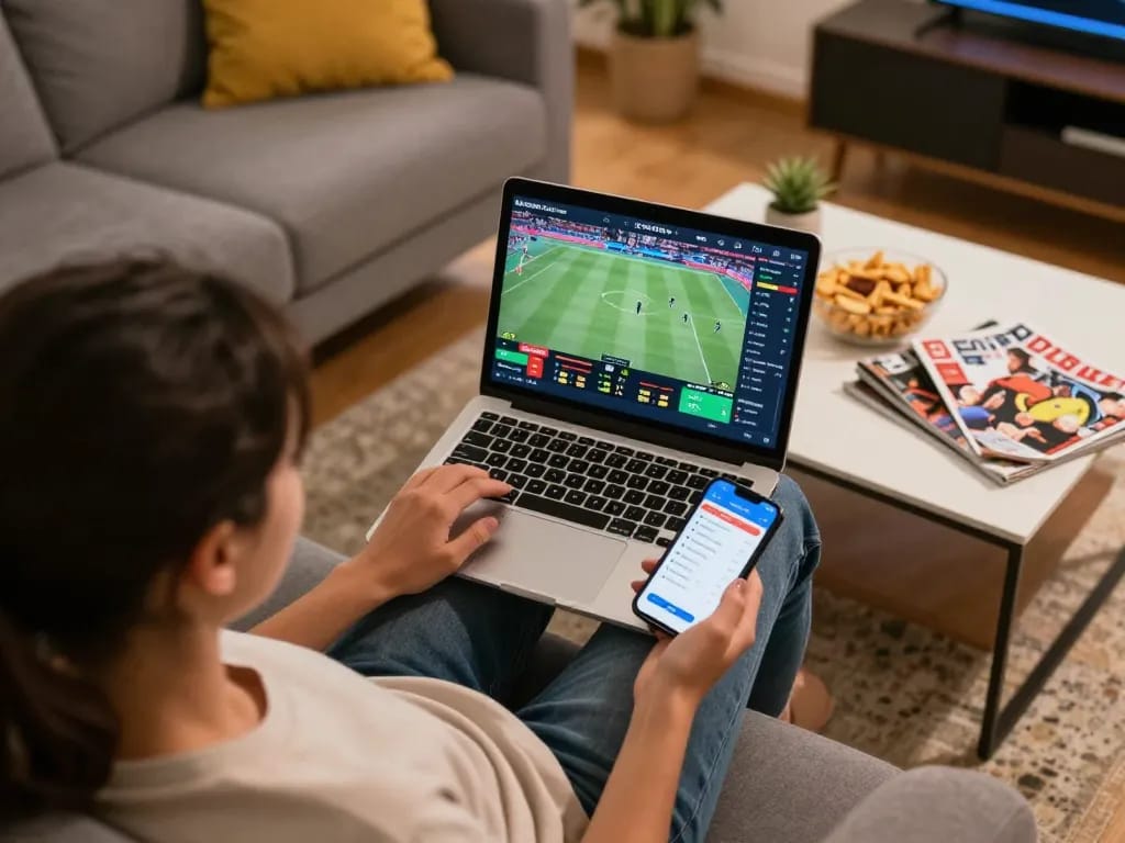 Engaged in live betting on sports at home, showcasing win678 excitement and strategy in gaming.