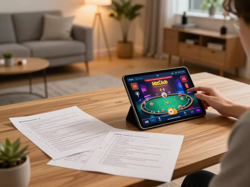 Engaged player accessing hitclub chính hãng app on tablet, detailed betting strategy notes visible