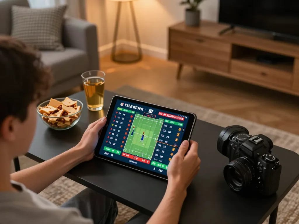 Person engaging in sports betting on KK55 app while enjoying snacks in cozy home setting.