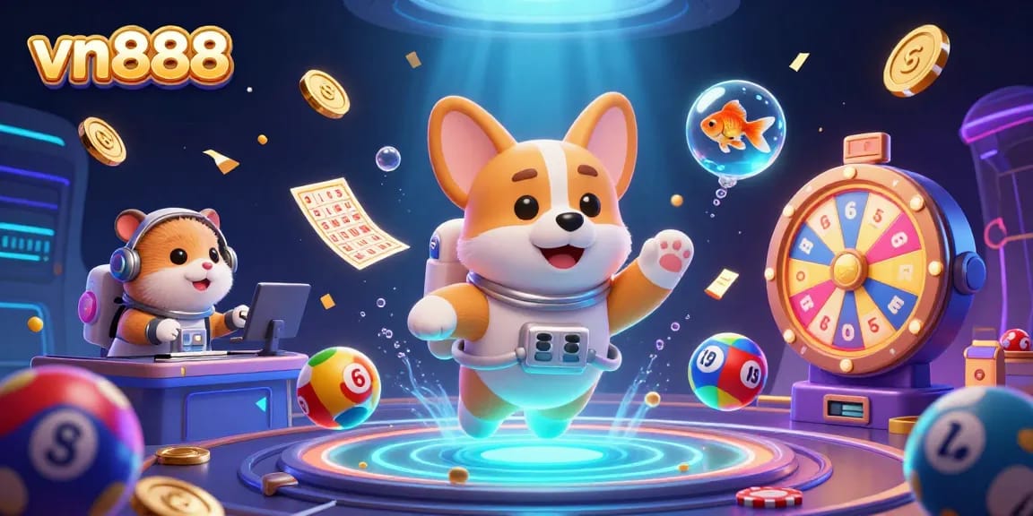 Experience vn888’s thrilling casino adventure with a dynamic space scene featuring exciting gambling elements and characters.