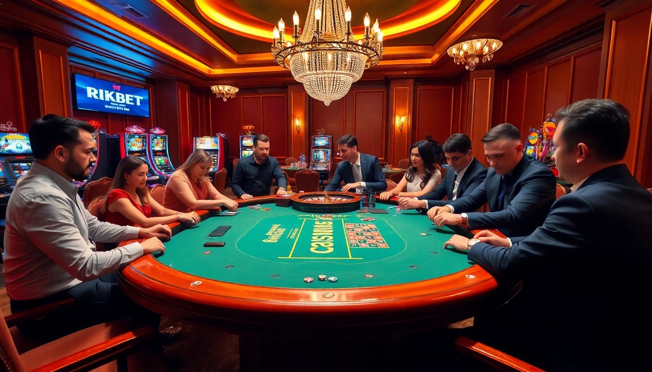 RIKBET players enjoying an exciting poker game at a luxury casino table.