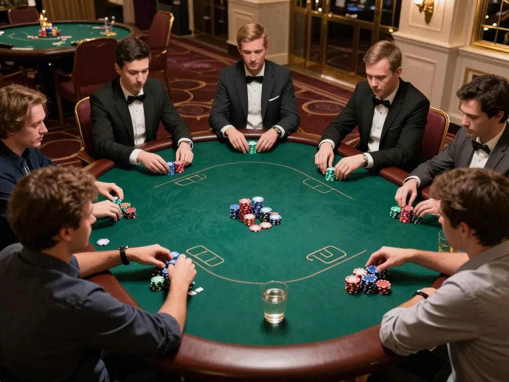 SC88 poker players strategizing their hands in an upscale gaming room ambiance.