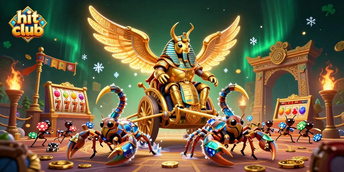 Experience thrilling wins at Hit Club with a spectacular visual of a gaming chariot and casino elements.