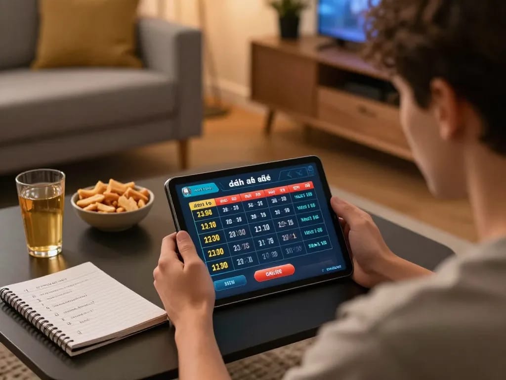 Engaging in đánh lô đề online with a tablet in a cozy home gaming environment.