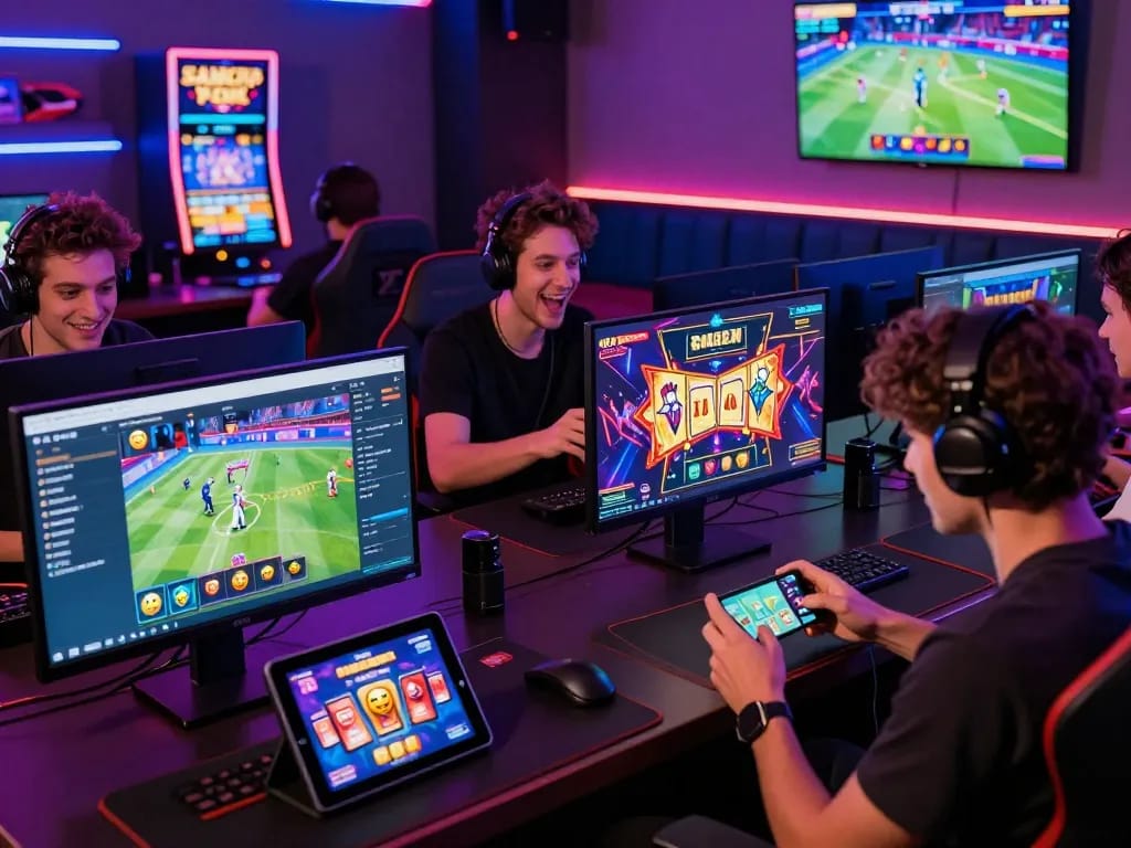 Engaged gamers in vibrant hit club online platform enjoying various games and bonuses.