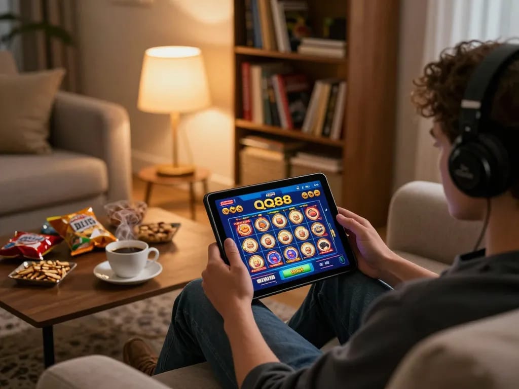 Playing QQ88 online casino on a tablet in a cozy living room setting with snacks and warm lighting