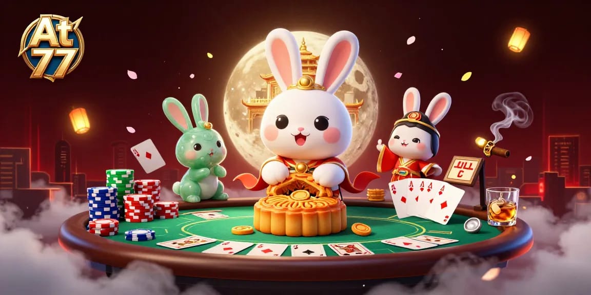 At 77 showcases a dynamic scene with cartoon moon rabbits at a poker table, enhancing the casino atmosphere.