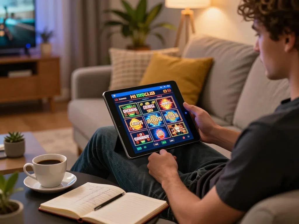 Hitclub player enjoying online slots on tablet in cozy home setting