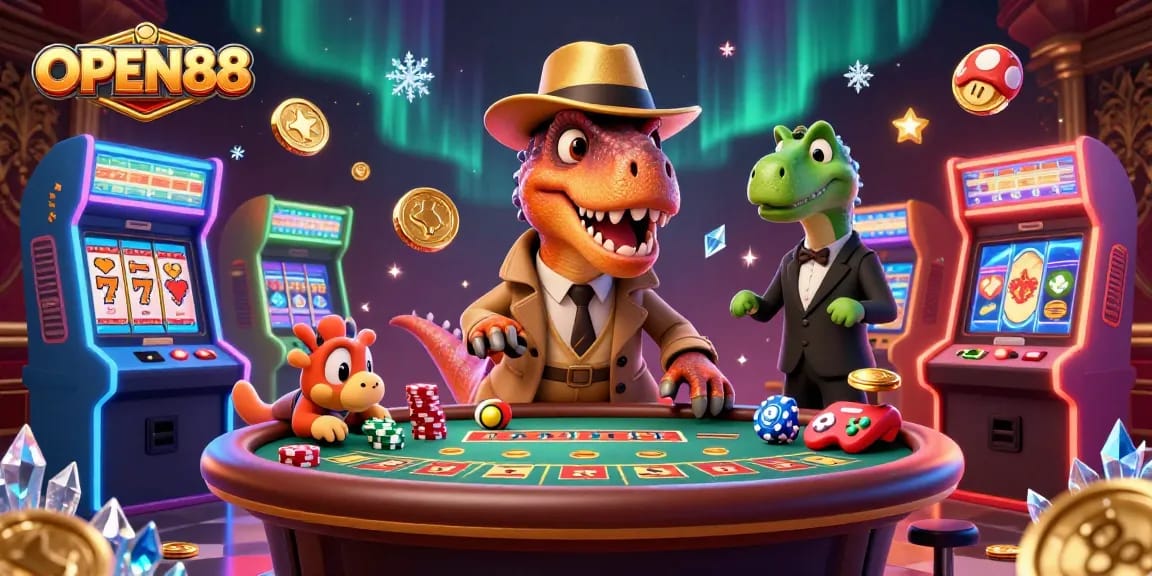 OPEN88's dinosaur-themed casino scene with a velociraptor card counter and slot games.