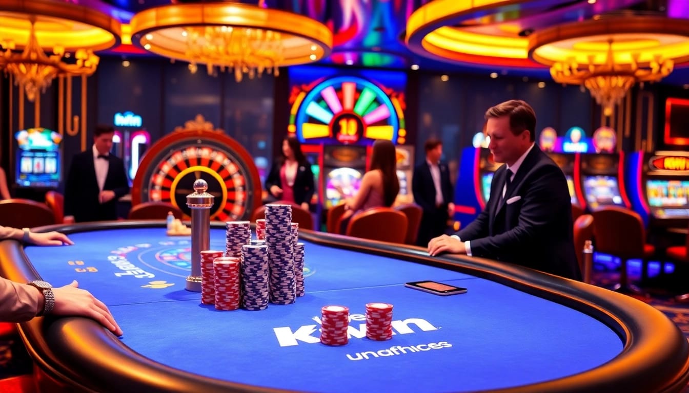 Kwin gamers enjoying a lively casino atmosphere at an elegant poker table with vibrant slots in the background.