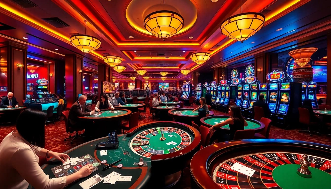 Exciting casino scene showcasing games at https://kim88.center/ with dealers, players, and vibrant slot machines.