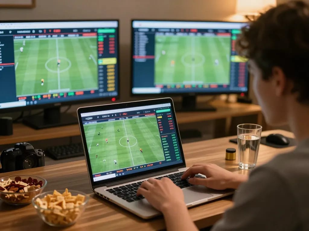 KQBD sports betting in action with a person analyzing match data on a laptop during an intense game.